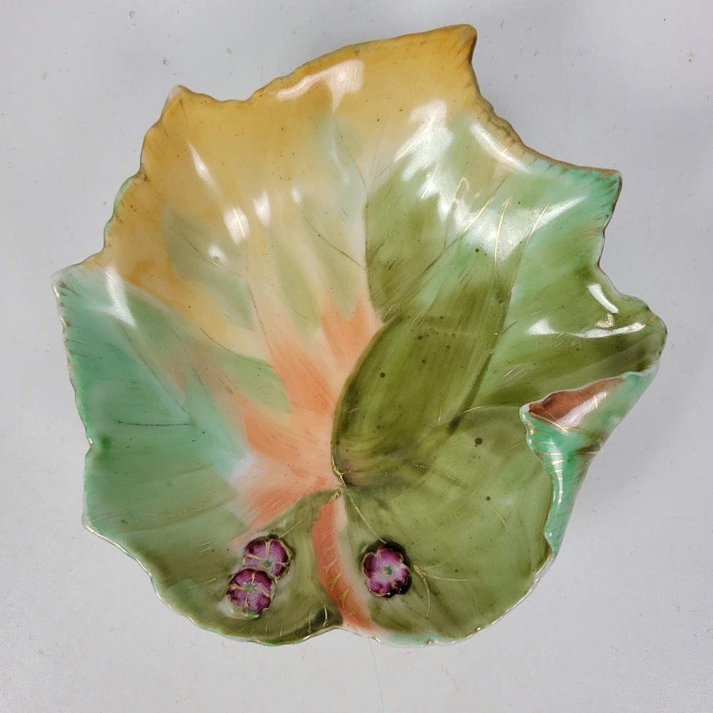 Vintage Chubu China Leaf Trinket Dish 5" Green Multicolor Japan Vanity Jewelry